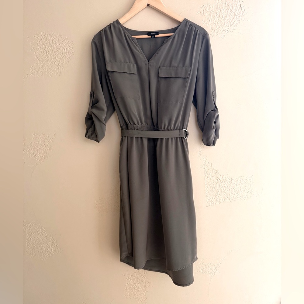 Elegant Olive Green Belted Shirt  Dress by Massimo